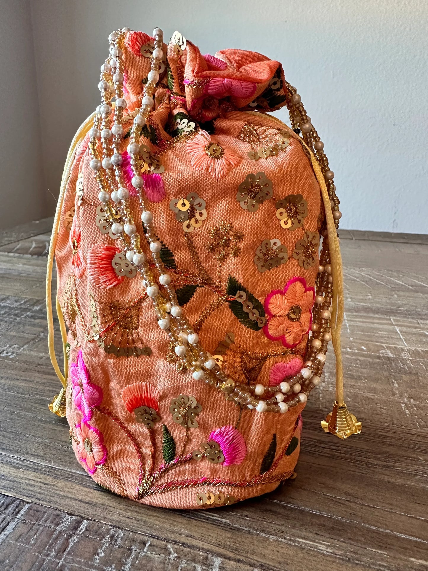 Embroidered Flowers Potli Bucket Bag