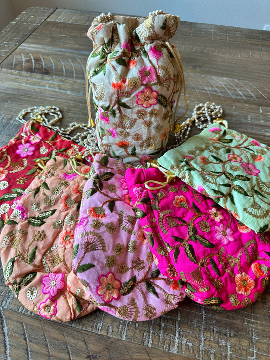 Embroidered Flowers Potli Bucket Bag