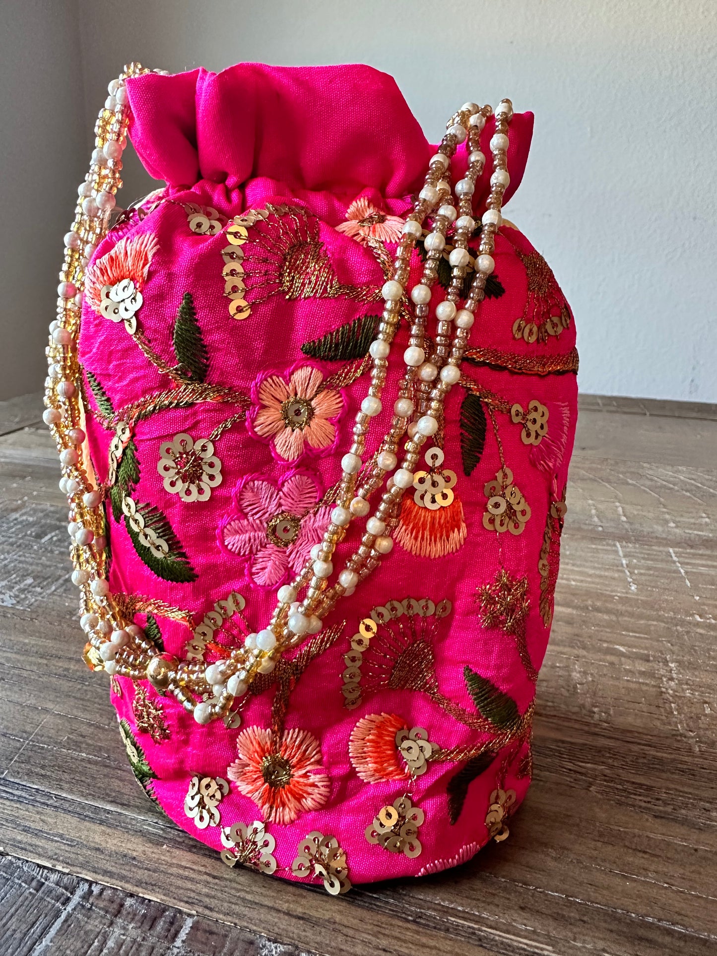 Embroidered Flowers Bucket Bag