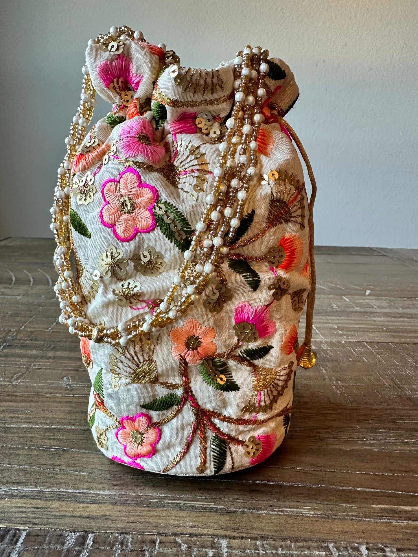 Embroidered Flowers Bucket Bag