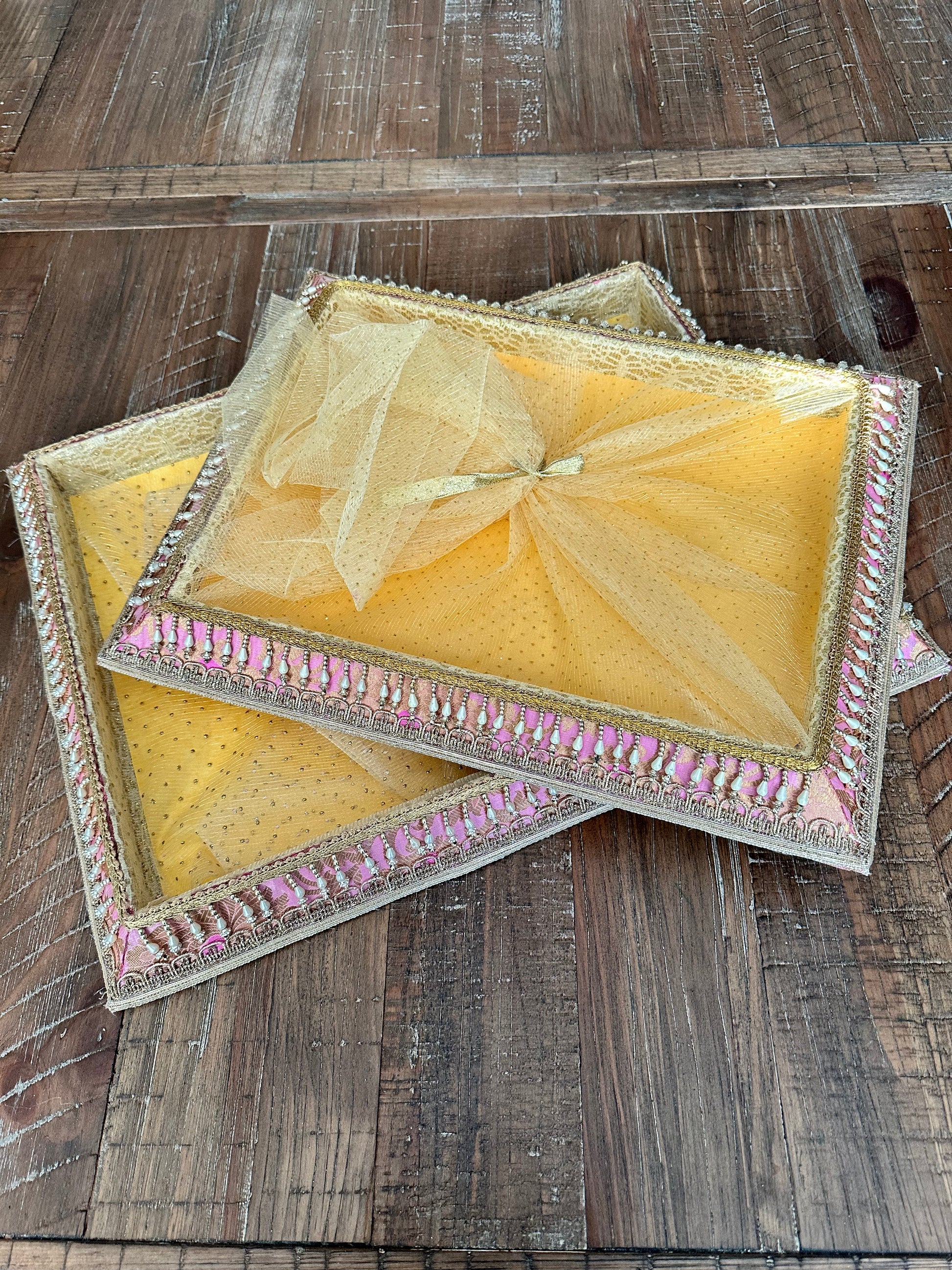 Pink Brocade Gifting Trays - Kaur Bridal