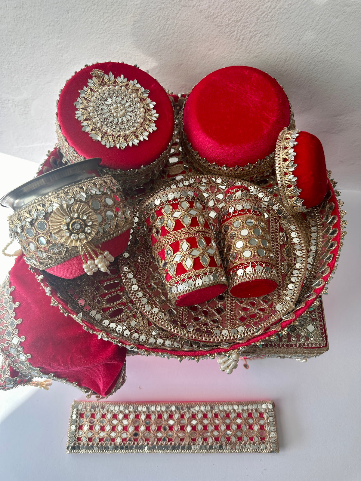 Red Velvet and Mirror Work Maiyaan Set | Haldi & Maiyan Ceremony Essentials (Copy)