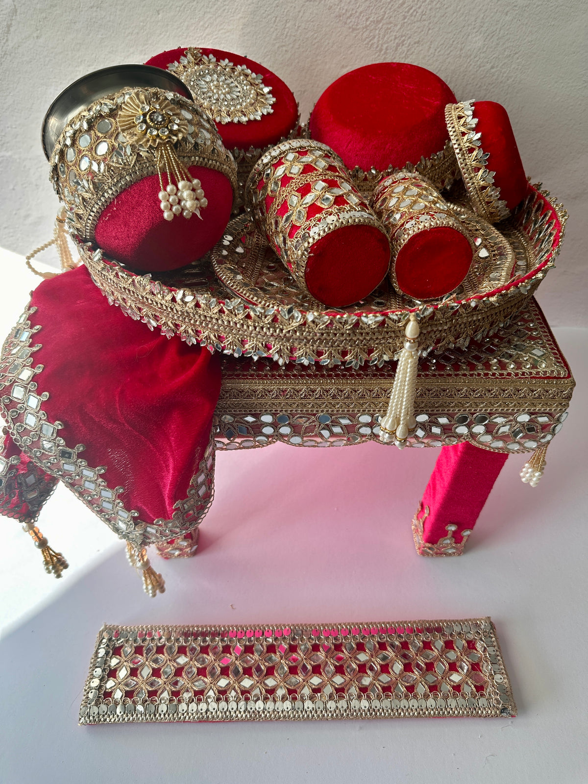 Red Velvet and Mirror Work Maiyaan Set | Haldi & Maiyan Ceremony Essentials (Copy)